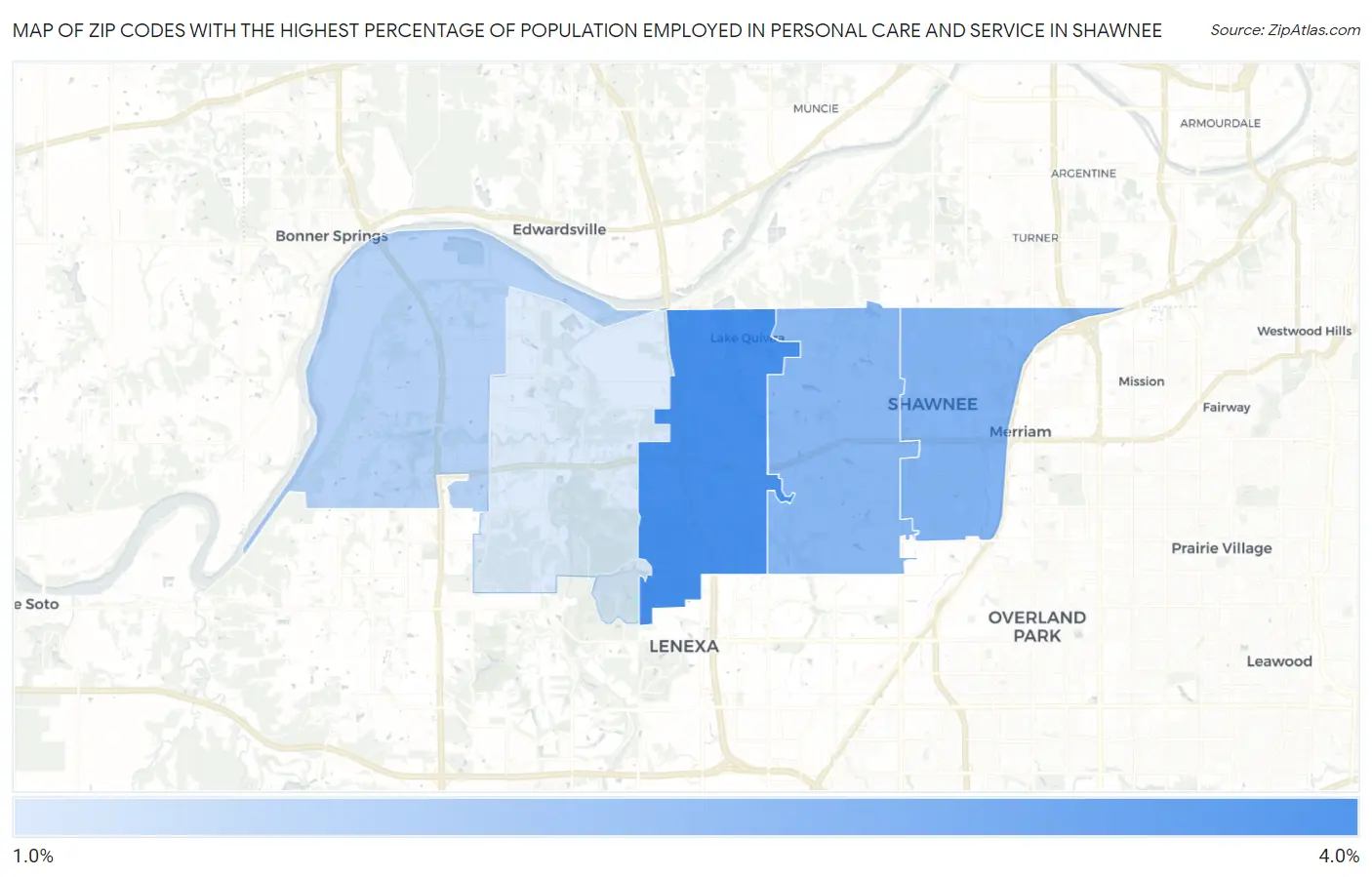 Zip Codes with the Highest Percentage of Population Employed in Personal Care and Service in Shawnee Map