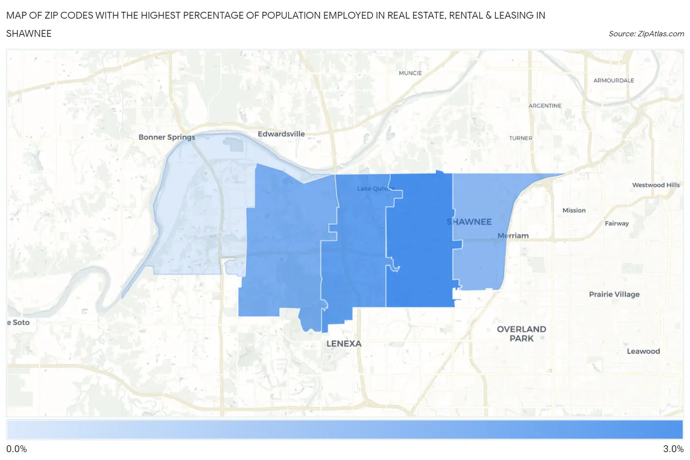 Zip Codes with the Highest Percentage of Population Employed in Real Estate, Rental & Leasing in Shawnee Map