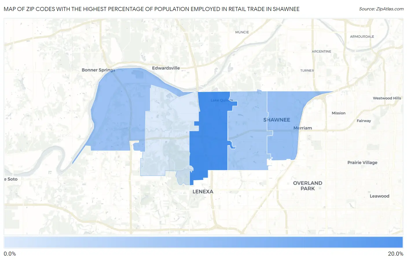 Zip Codes with the Highest Percentage of Population Employed in Retail Trade in Shawnee Map