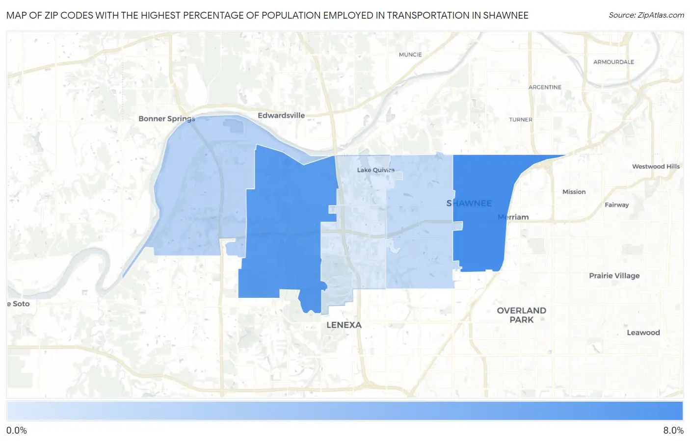 Zip Codes with the Highest Percentage of Population Employed in Transportation in Shawnee Map