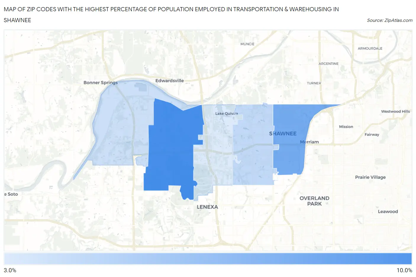 Zip Codes with the Highest Percentage of Population Employed in Transportation & Warehousing in Shawnee Map