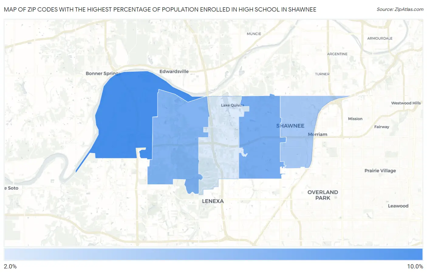Zip Codes with the Highest Percentage of Population Enrolled in High School in Shawnee Map