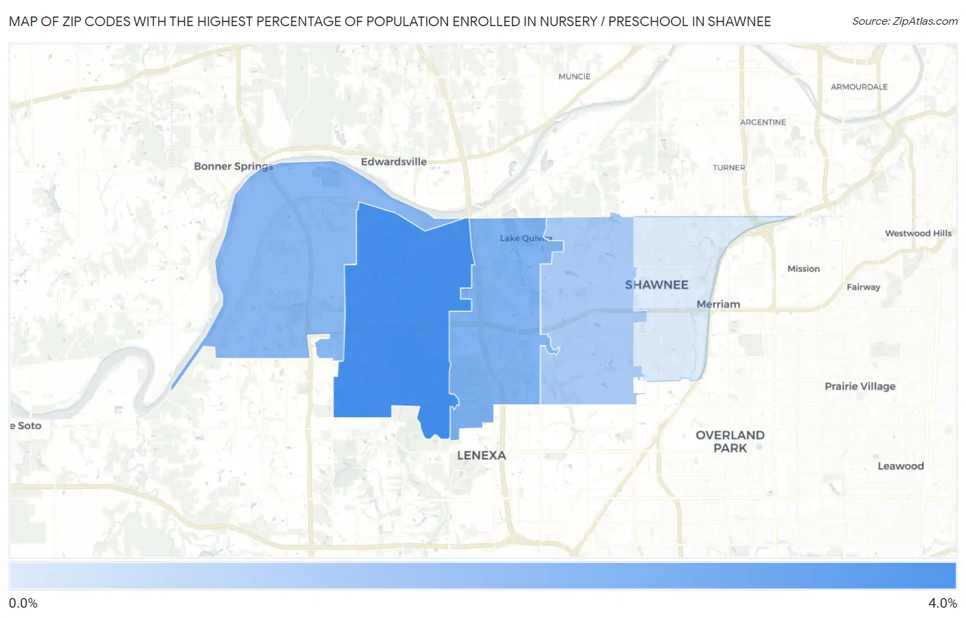 Zip Codes with the Highest Percentage of Population Enrolled in Nursery / Preschool in Shawnee Map