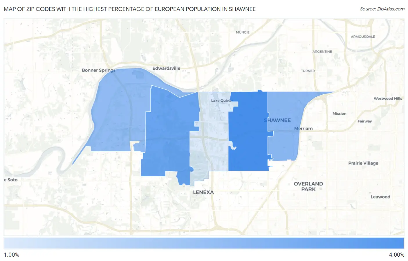 Zip Codes with the Highest Percentage of European Population in Shawnee Map