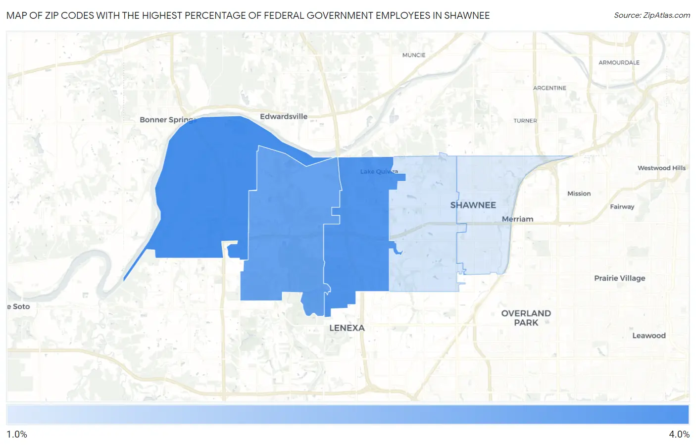 Zip Codes with the Highest Percentage of Federal Government Employees in Shawnee Map