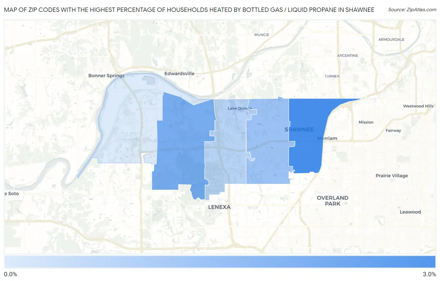 Zip Codes with the Highest Percentage of Households Heated by Bottled Gas / Liquid Propane in Shawnee Map