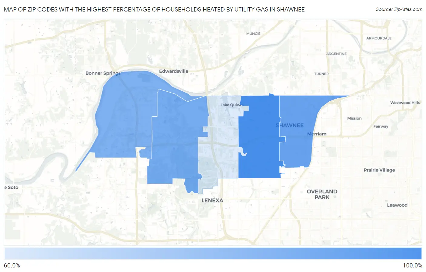 Zip Codes with the Highest Percentage of Households Heated by Utility Gas in Shawnee Map