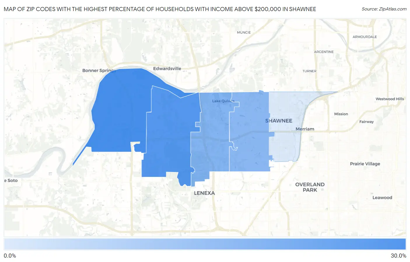 Zip Codes with the Highest Percentage of Households with Income Above $200,000 in Shawnee Map