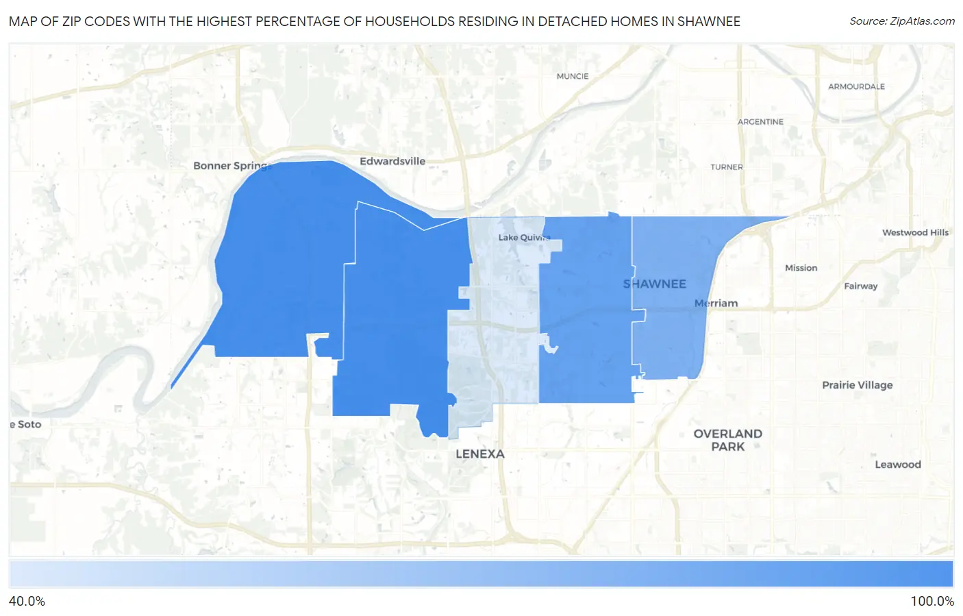 Zip Codes with the Highest Percentage of Households Residing in Detached Homes in Shawnee Map