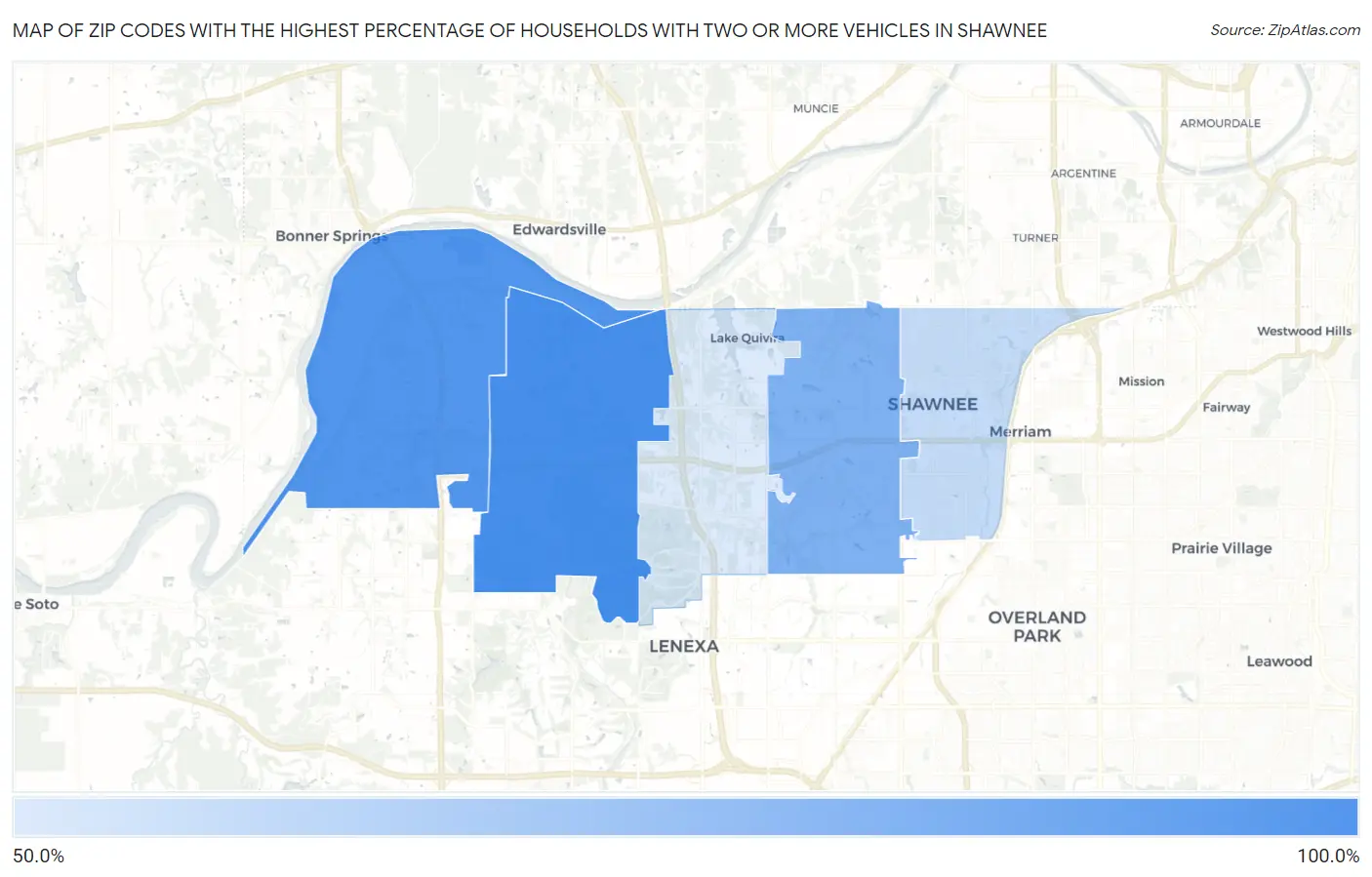 Zip Codes with the Highest Percentage of Households With Two or more Vehicles in Shawnee Map