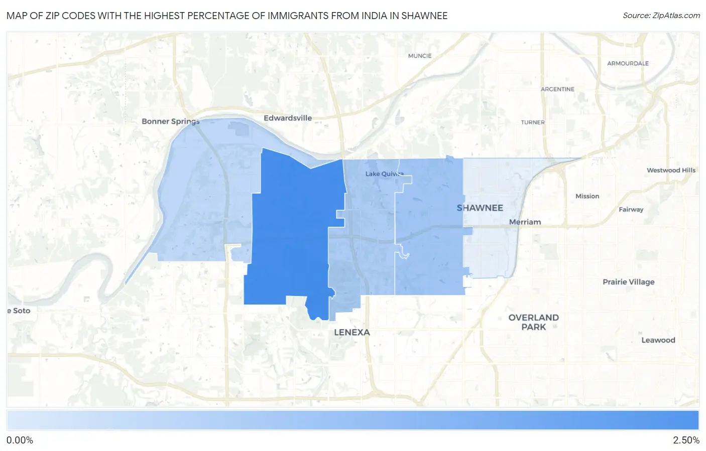 Zip Codes with the Highest Percentage of Immigrants from India in Shawnee Map