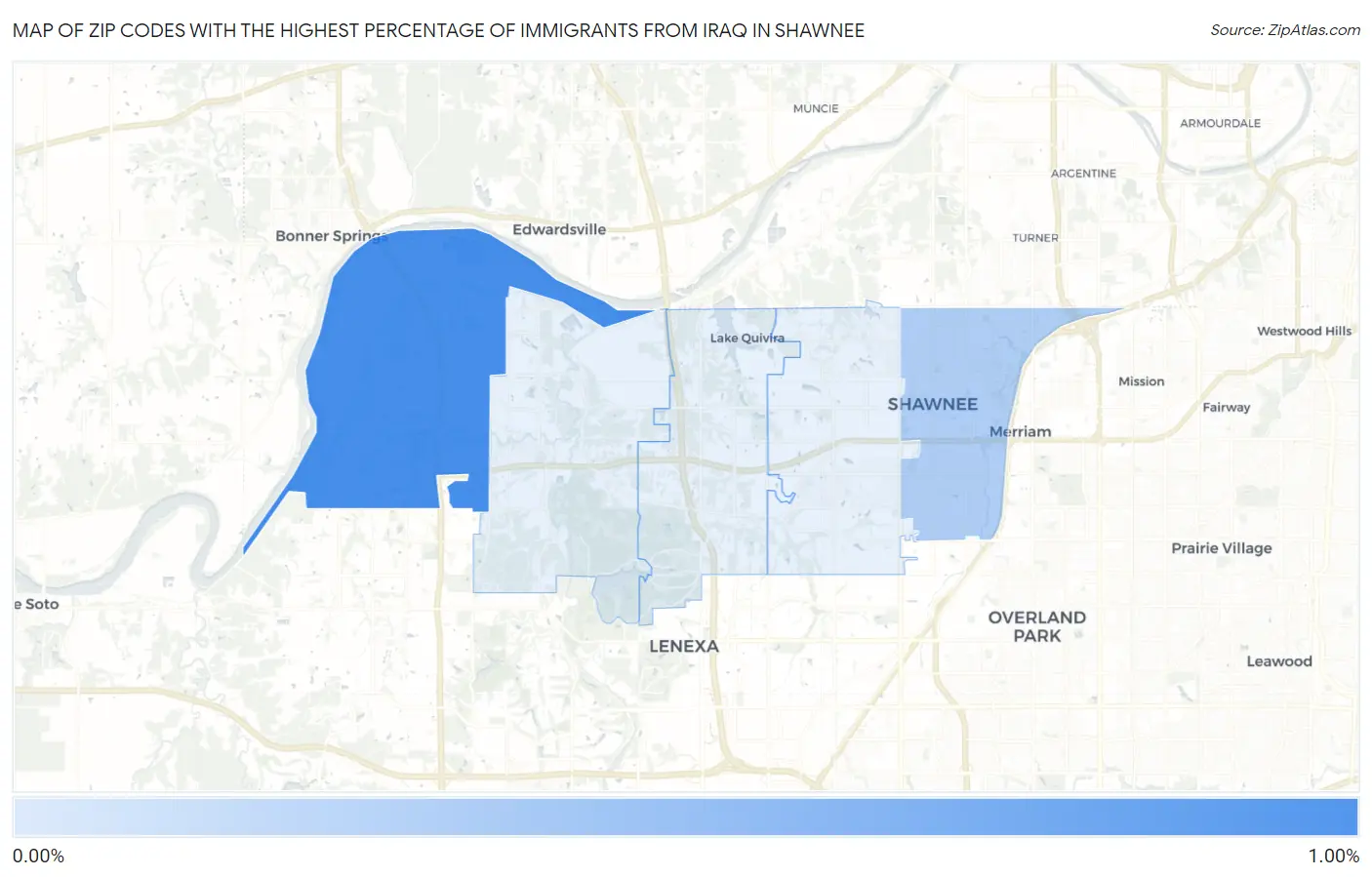 Zip Codes with the Highest Percentage of Immigrants from Iraq in Shawnee Map