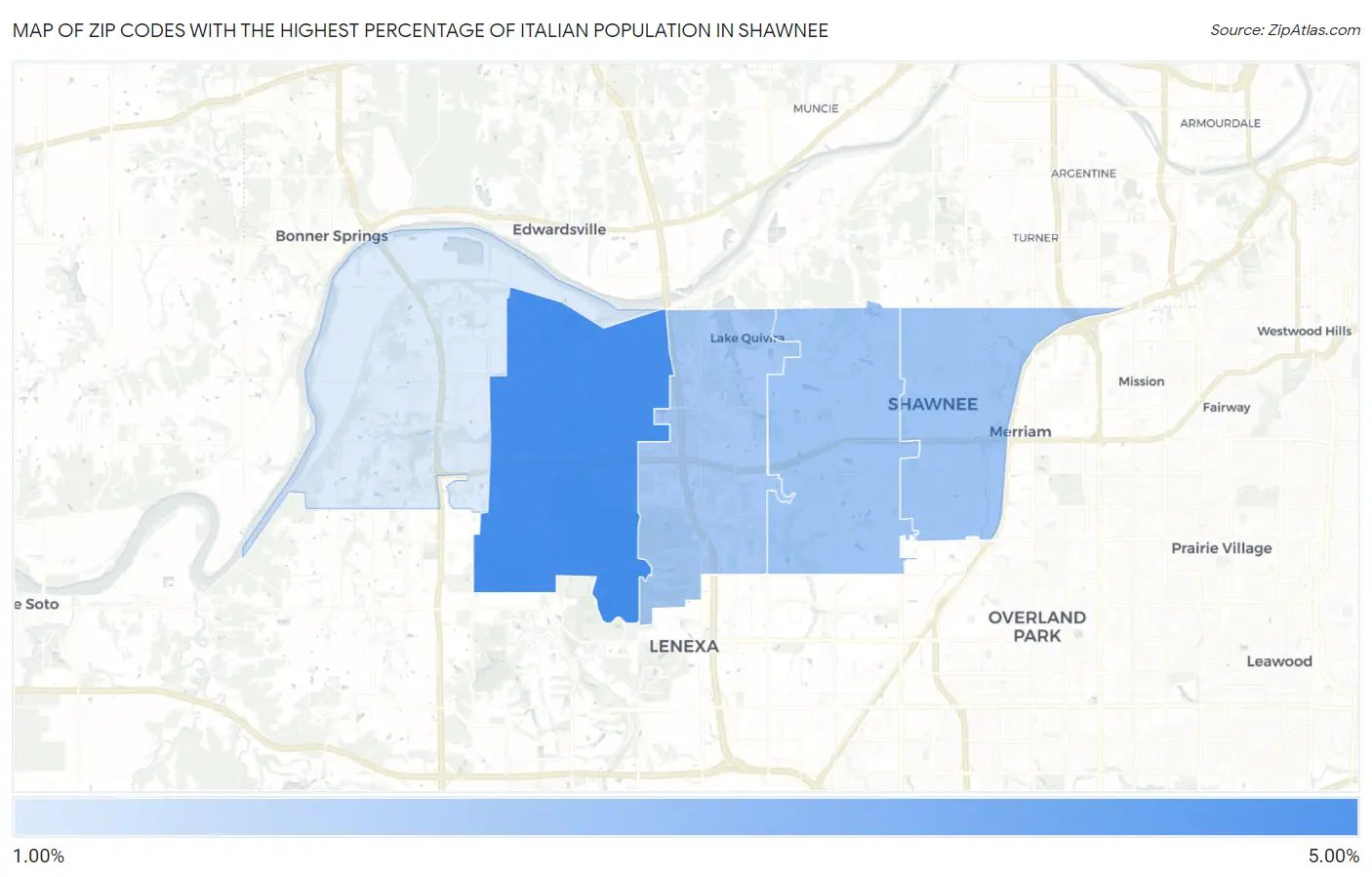 Zip Codes with the Highest Percentage of Italian Population in Shawnee Map