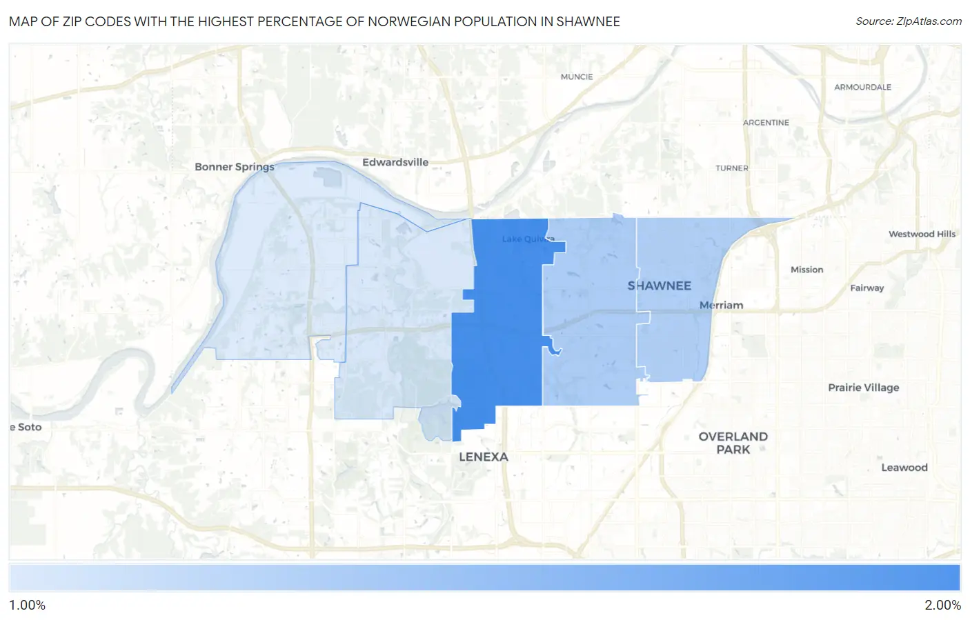 Zip Codes with the Highest Percentage of Norwegian Population in Shawnee Map