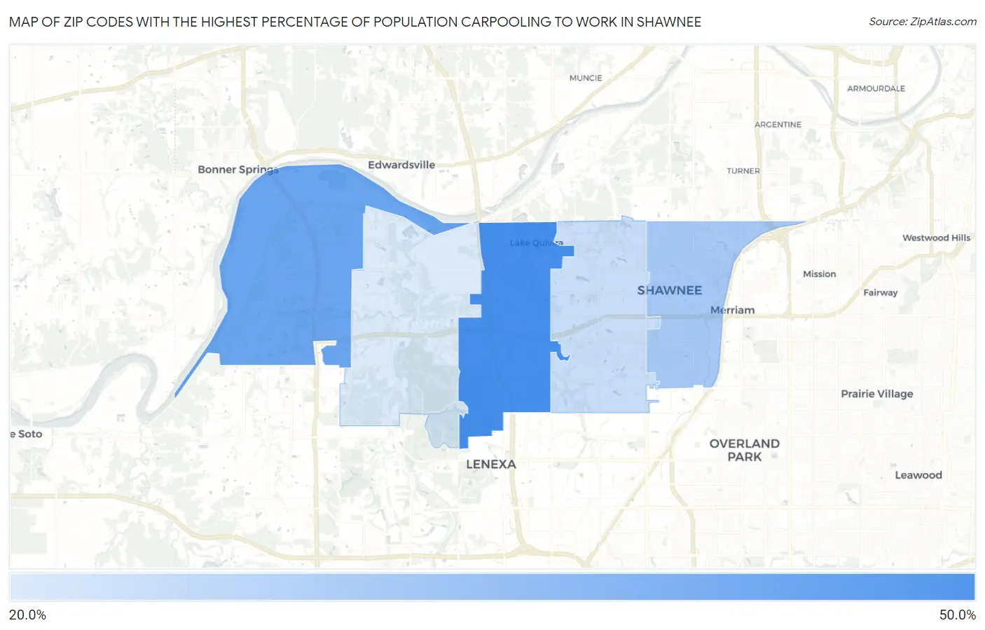 Zip Codes with the Highest Percentage of Population Carpooling to Work in Shawnee Map