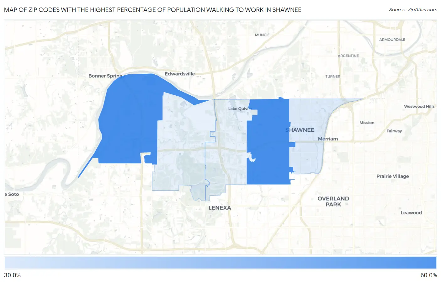 Zip Codes with the Highest Percentage of Population Walking to Work in Shawnee Map
