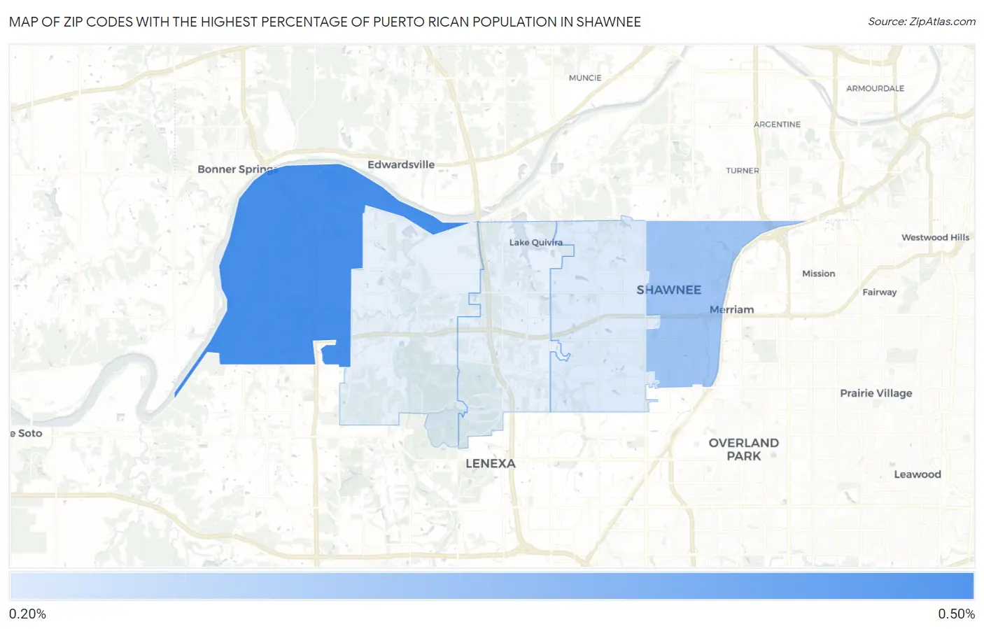 Zip Codes with the Highest Percentage of Puerto Rican Population in Shawnee Map