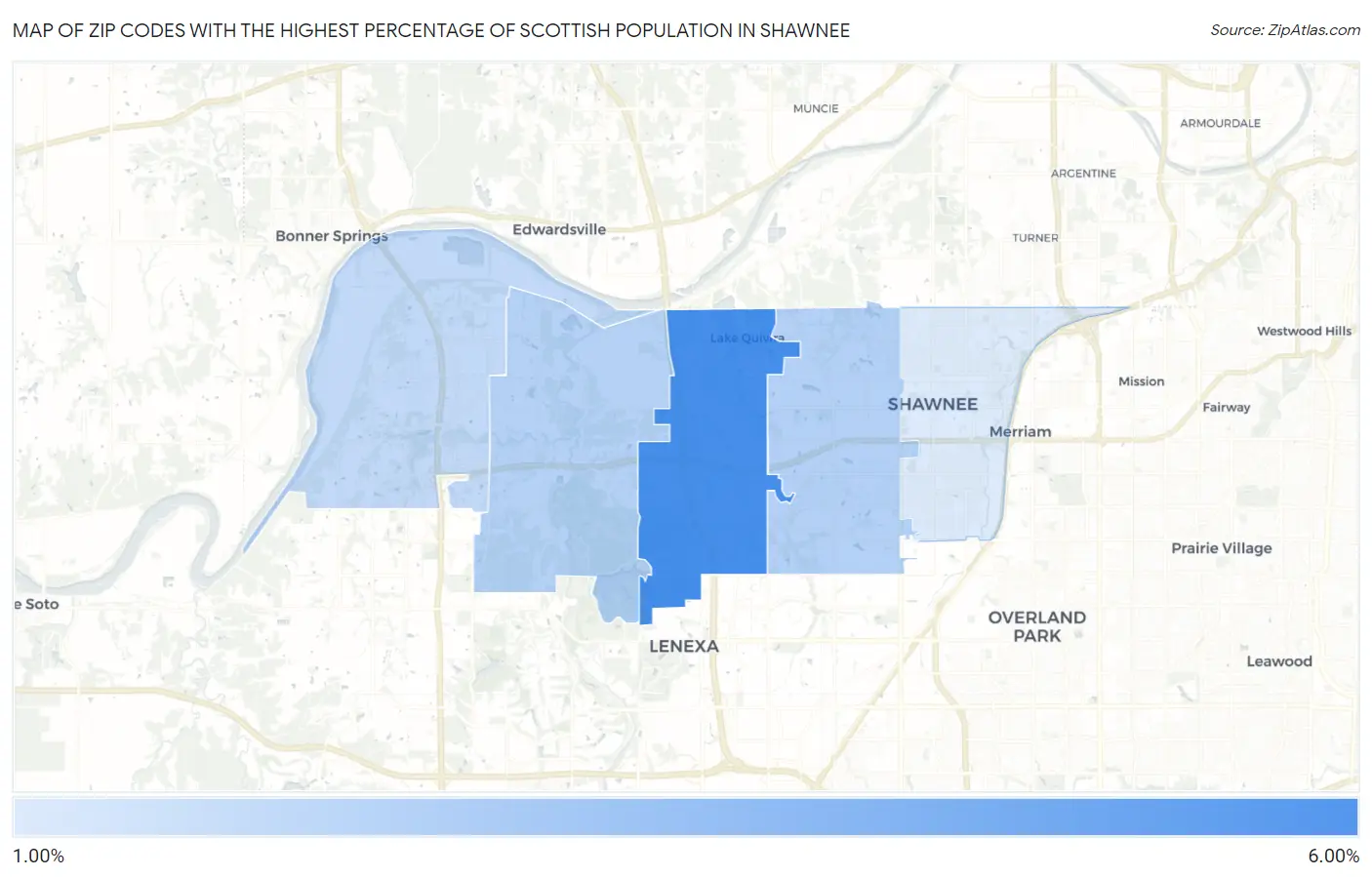 Zip Codes with the Highest Percentage of Scottish Population in Shawnee Map