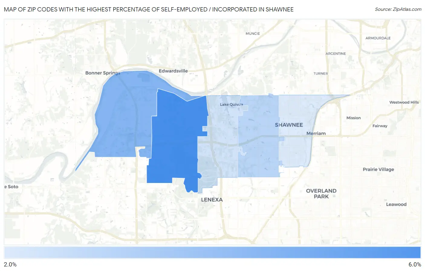 Zip Codes with the Highest Percentage of Self-Employed / Incorporated in Shawnee Map