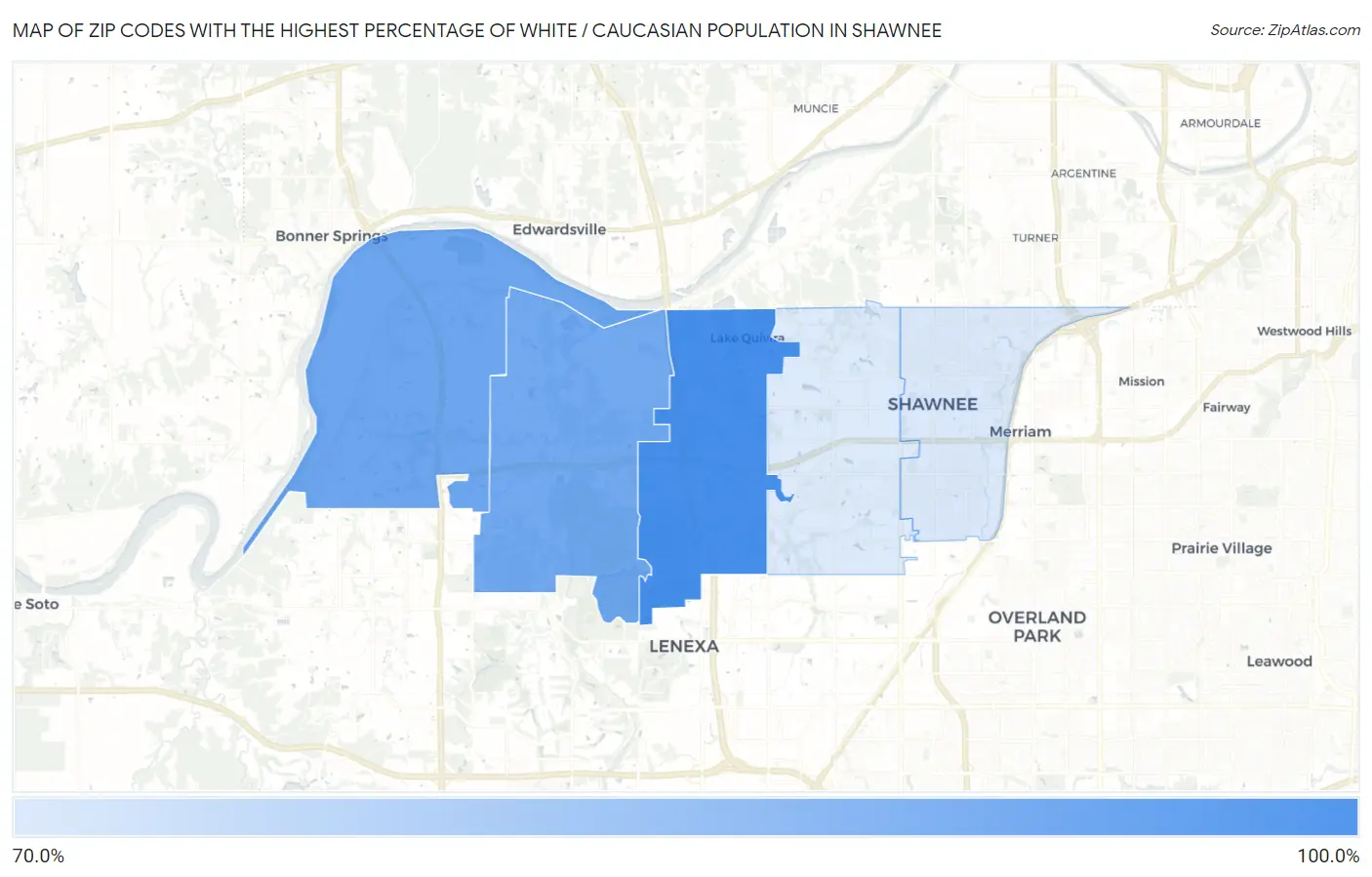 Zip Codes with the Highest Percentage of White / Caucasian Population in Shawnee Map