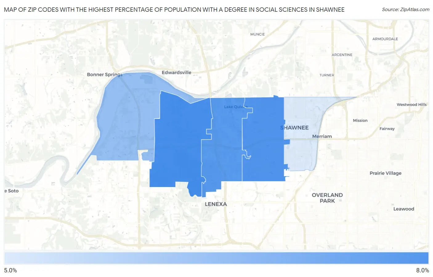 Zip Codes with the Highest Percentage of Population with a Degree in Social Sciences in Shawnee Map