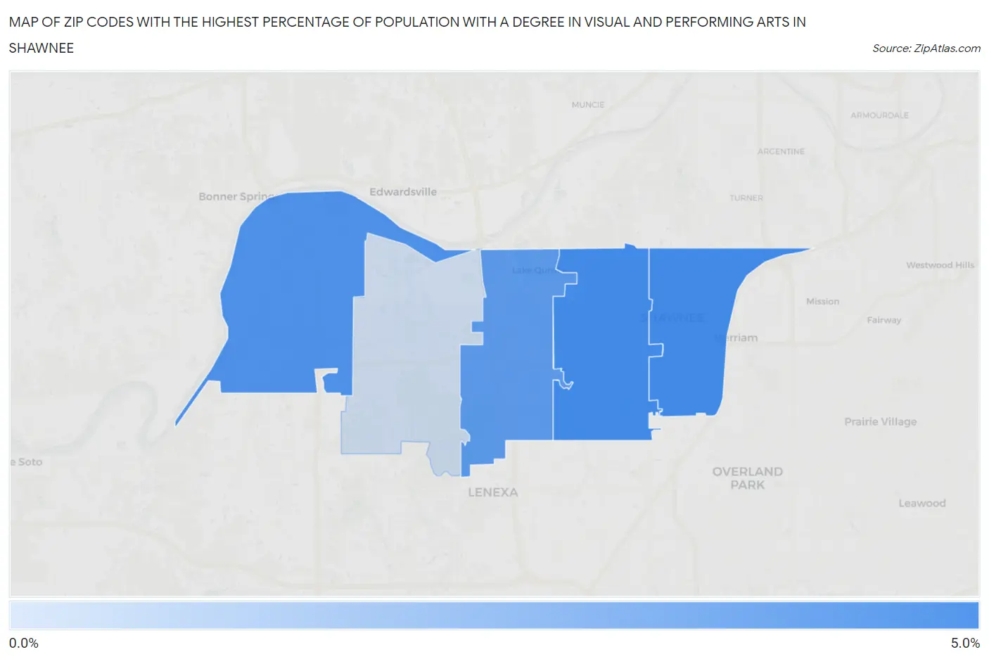 Zip Codes with the Highest Percentage of Population with a Degree in Visual and Performing Arts in Shawnee Map