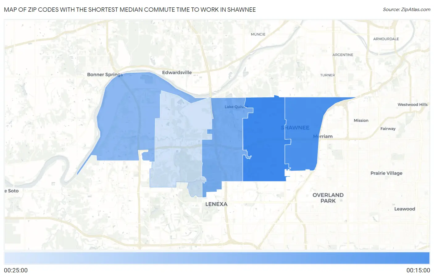 Zip Codes with the Shortest Median Commute Time to Work in Shawnee Map