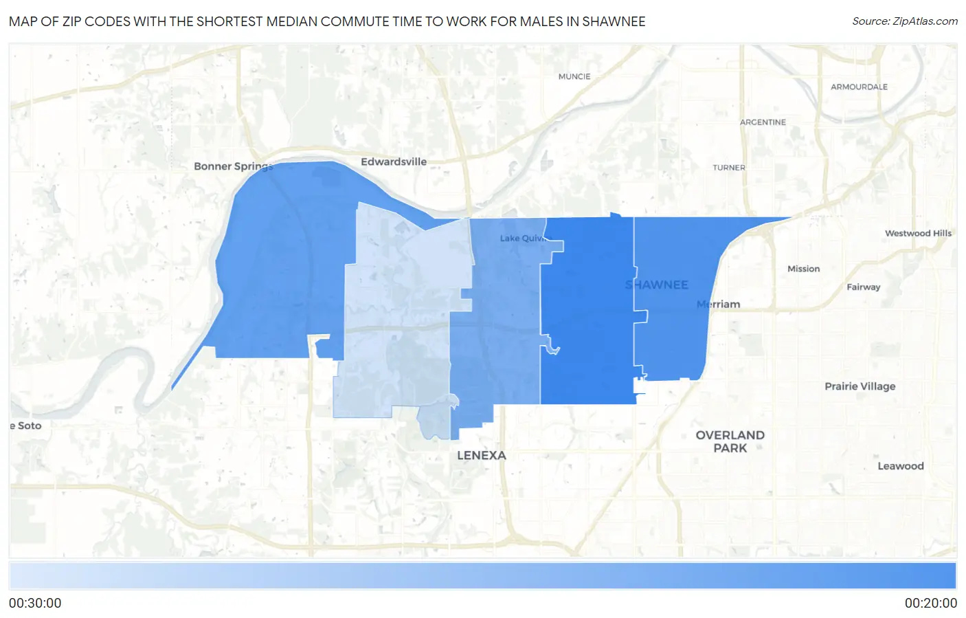 Zip Codes with the Shortest Median Commute Time to Work for Males in Shawnee Map