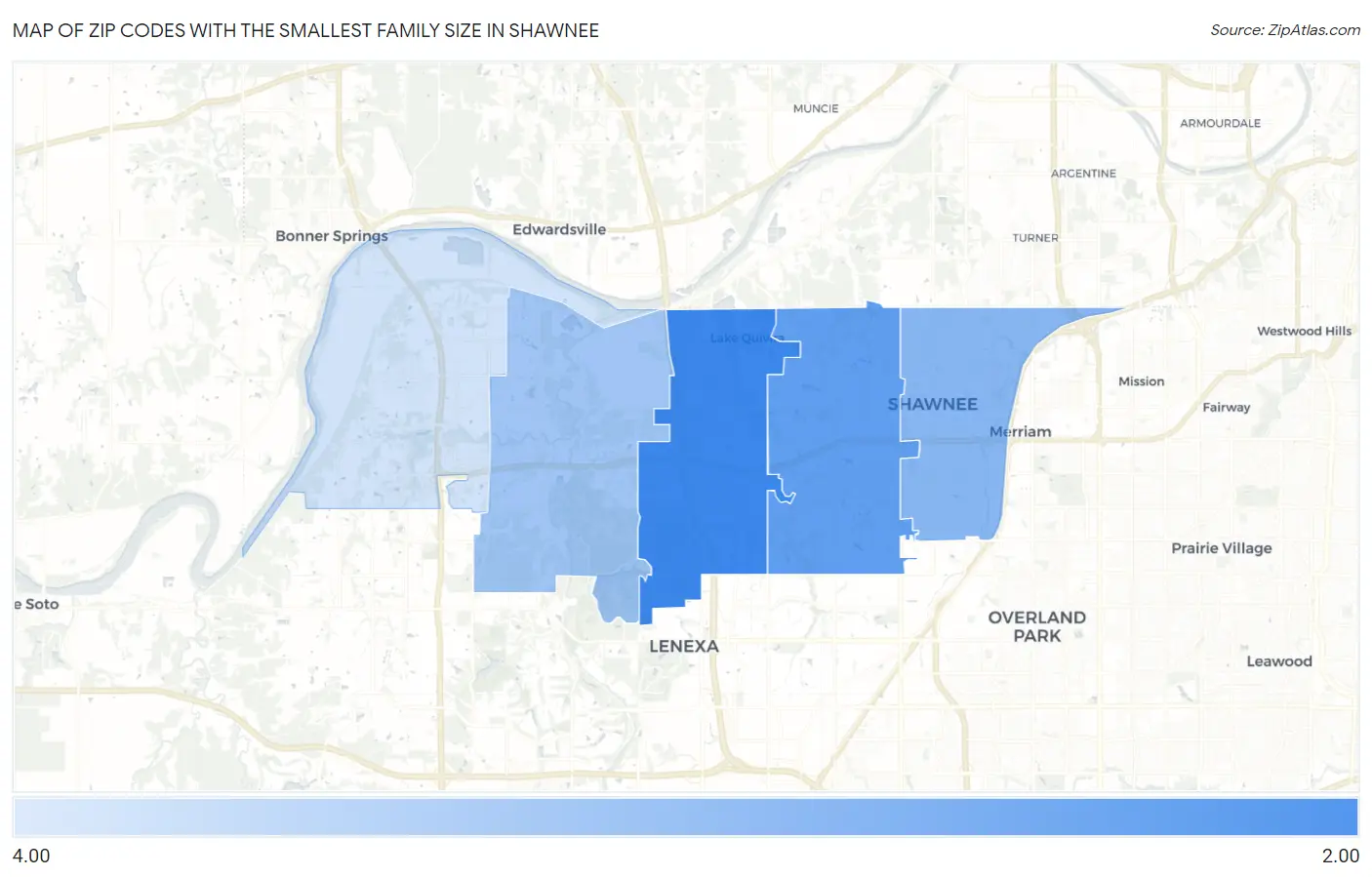 Zip Codes with the Smallest Family Size in Shawnee Map