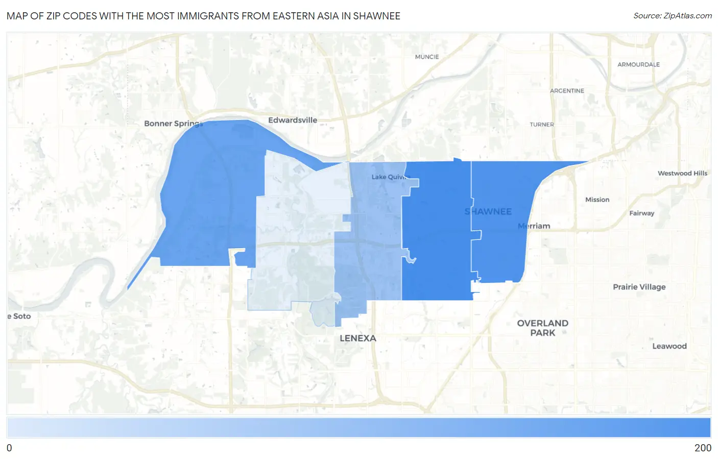 Zip Codes with the Most Immigrants from Eastern Asia in Shawnee Map