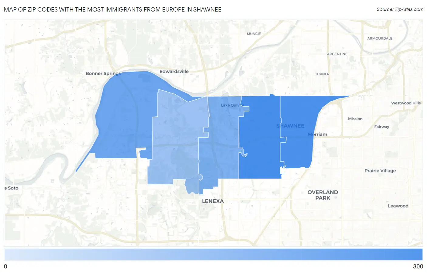 Zip Codes with the Most Immigrants from Europe in Shawnee Map