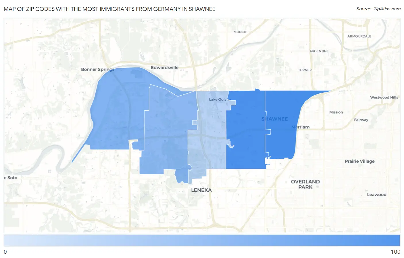Zip Codes with the Most Immigrants from Germany in Shawnee Map