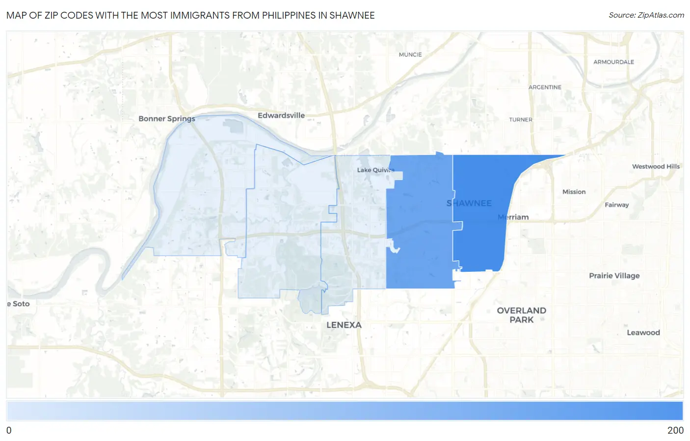 Zip Codes with the Most Immigrants from Philippines in Shawnee Map