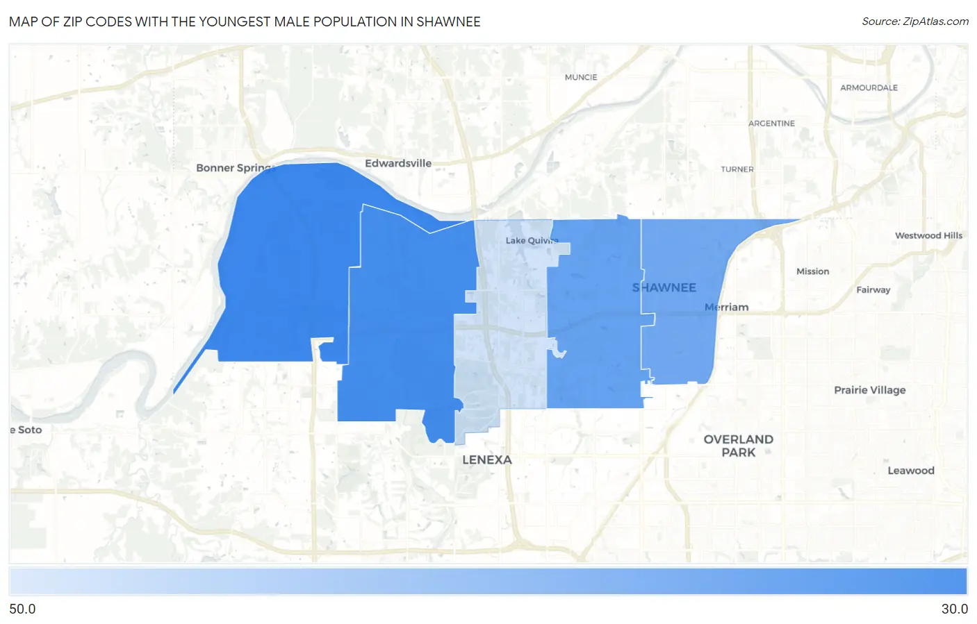 Zip Codes with the Youngest Male Population in Shawnee Map