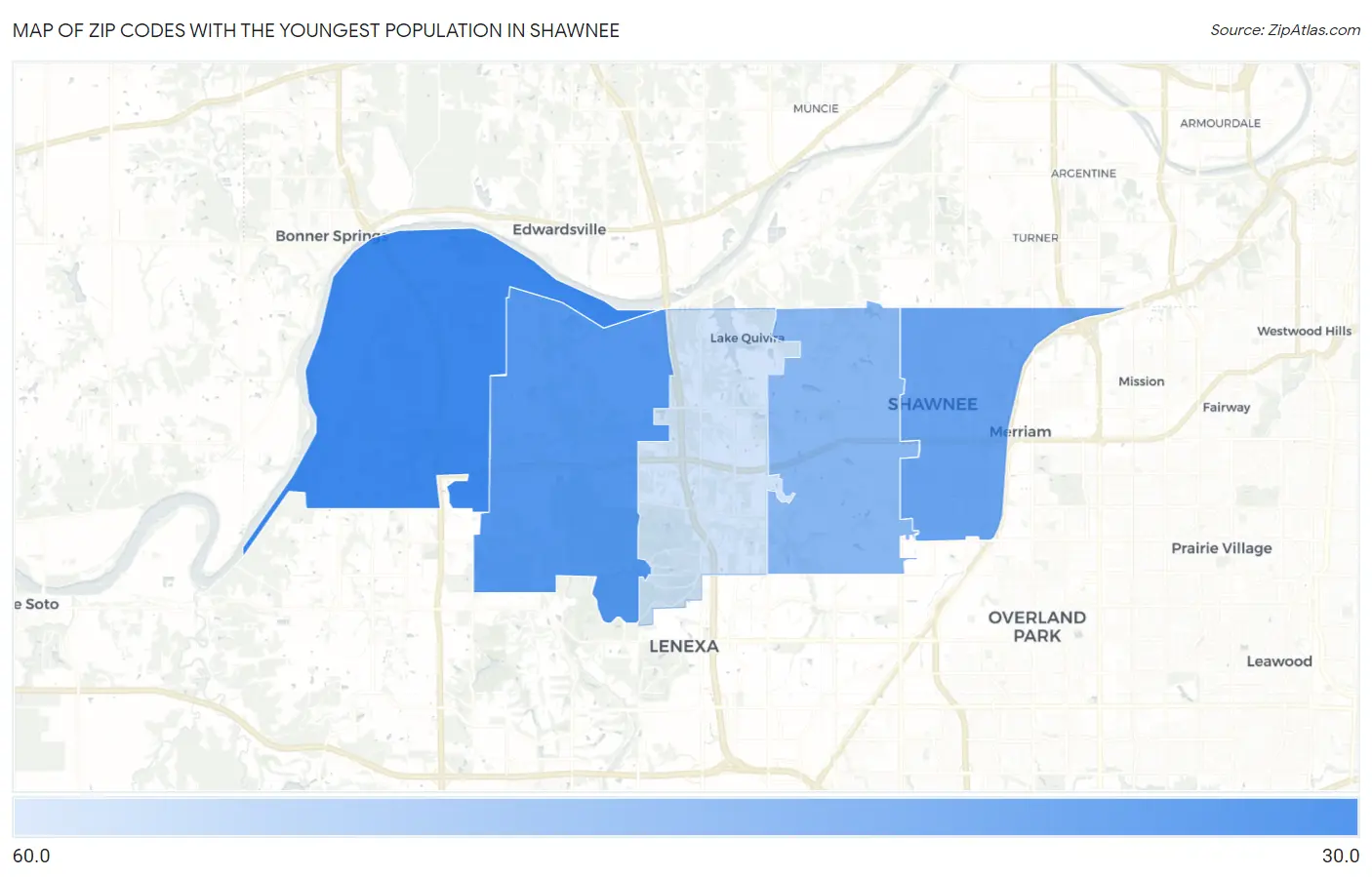 Zip Codes with the Youngest Population in Shawnee Map