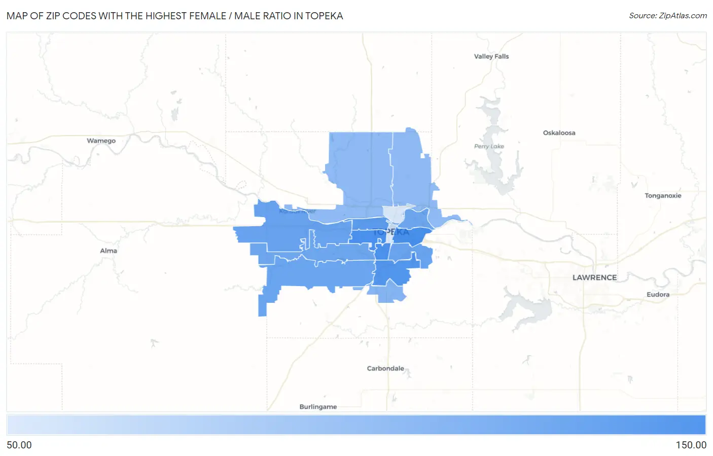 Zip Codes with the Highest Female / Male Ratio in Topeka Map