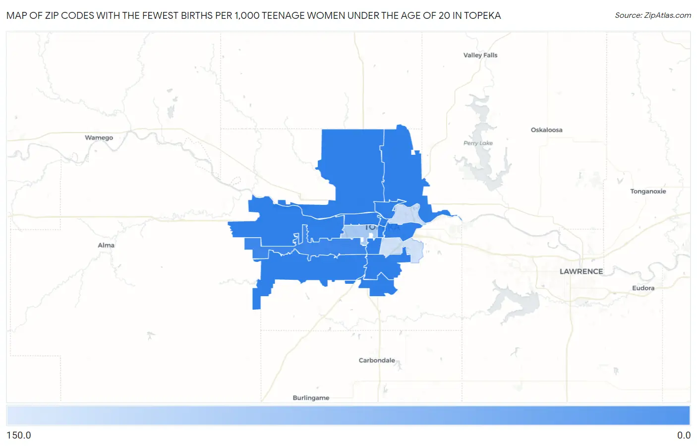 Zip Codes with the Fewest Births per 1,000 Teenage Women Under the Age of 20 in Topeka Map