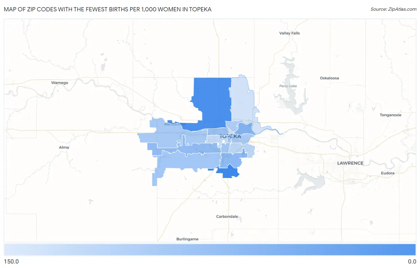 Zip Codes with the Fewest Births per 1,000 Women in Topeka Map