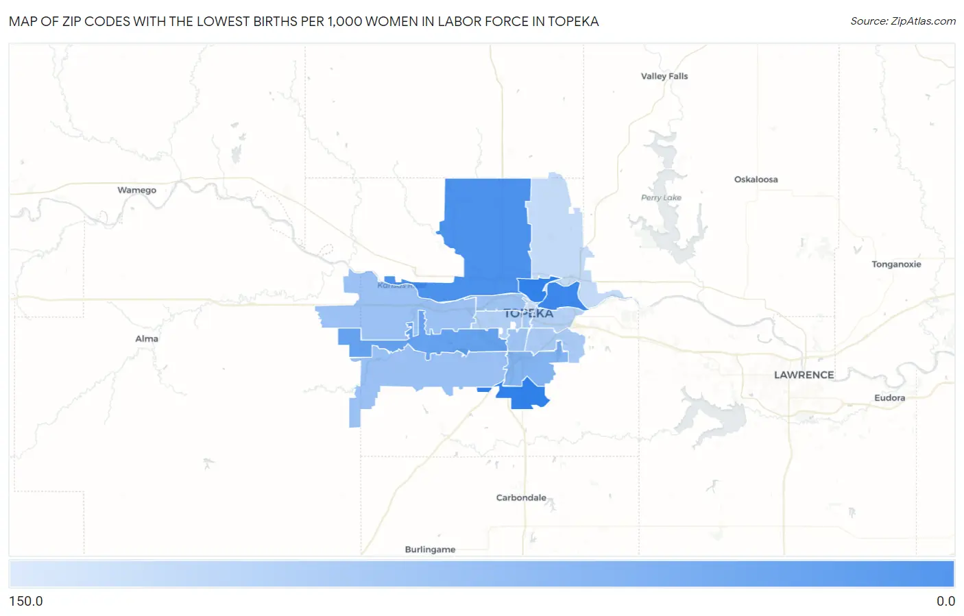 Zip Codes with the Lowest Births per 1,000 Women in Labor Force in Topeka Map