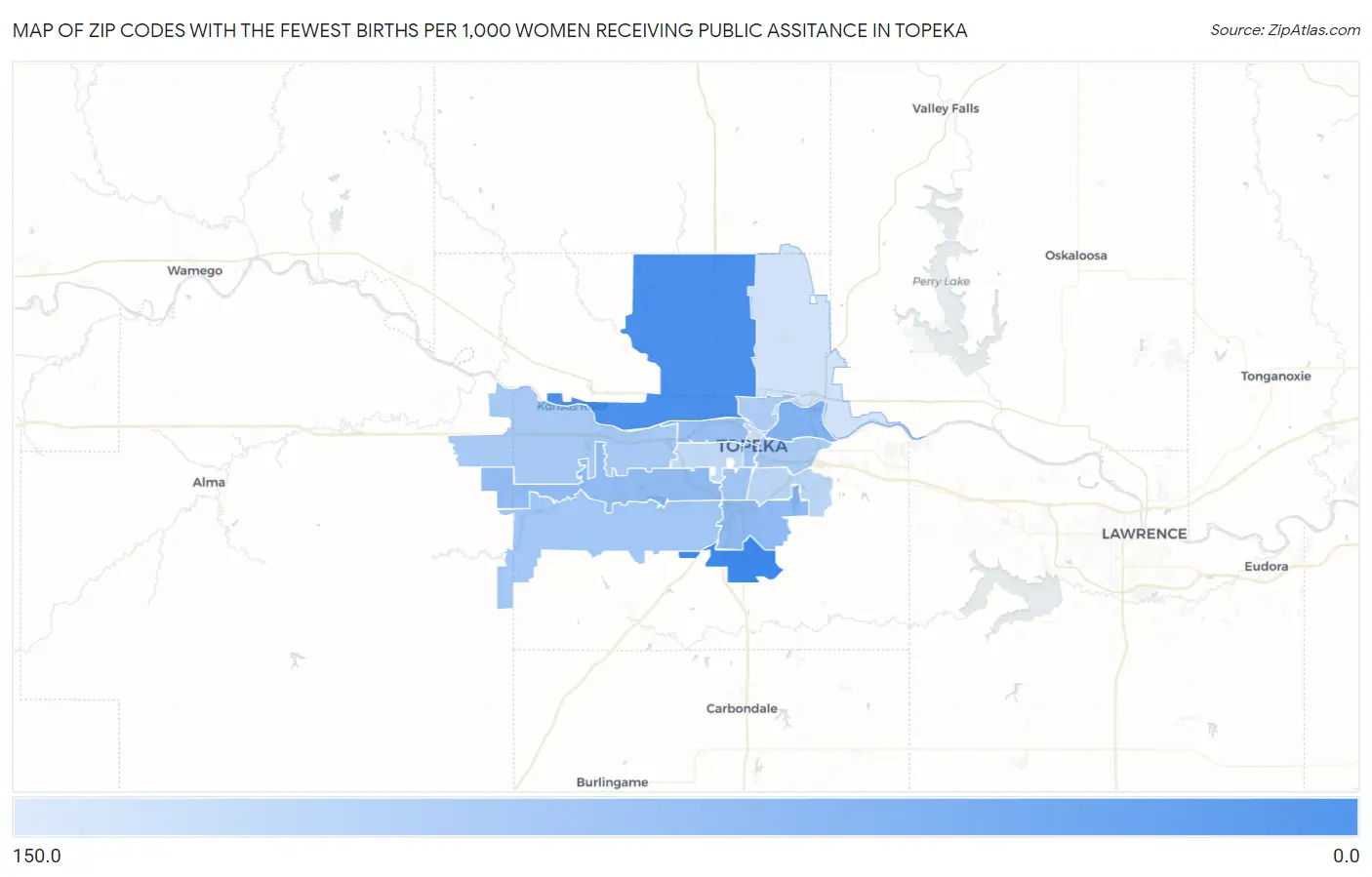 Zip Codes with the Fewest Births per 1,000 Women Receiving Public Assitance in Topeka Map