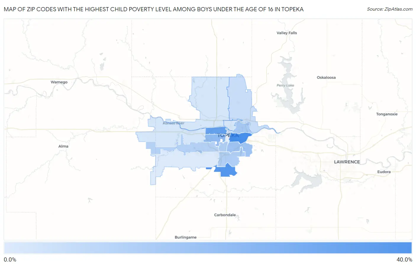 Zip Codes with the Highest Child Poverty Level Among Boys Under the Age of 16 in Topeka Map