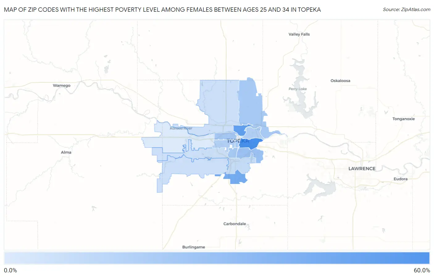 Zip Codes with the Highest Poverty Level Among Females Between Ages 25 and 34 in Topeka Map