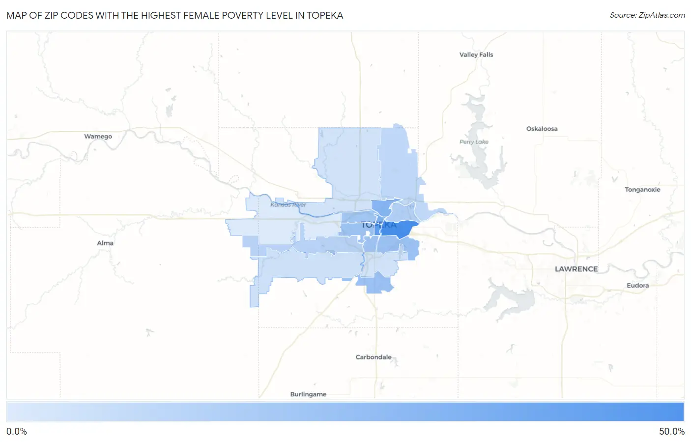 Zip Codes with the Highest Female Poverty Level in Topeka Map