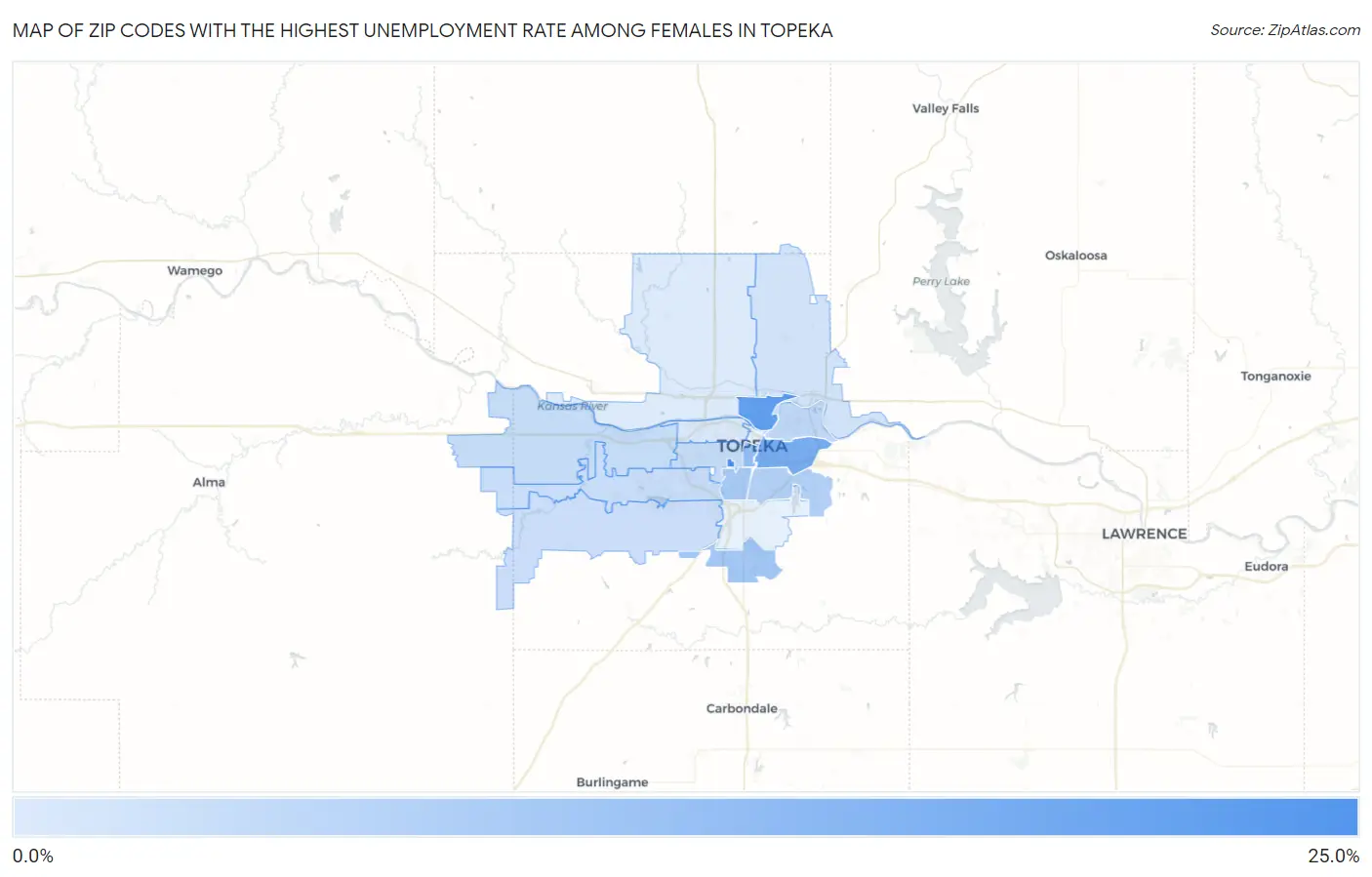Zip Codes with the Highest Unemployment Rate Among Females in Topeka Map