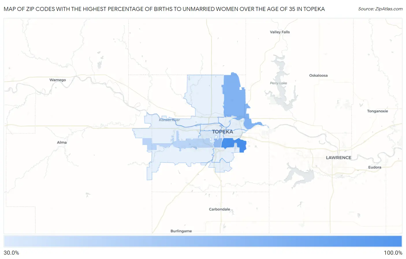 Zip Codes with the Highest Percentage of Births to Unmarried Women over the Age of 35 in Topeka Map