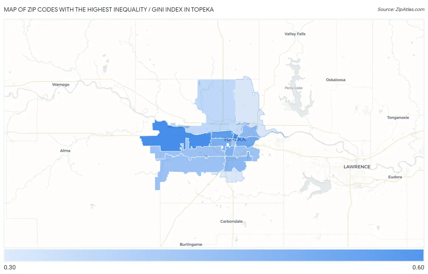 Zip Codes with the Highest Inequality / Gini Index in Topeka Map