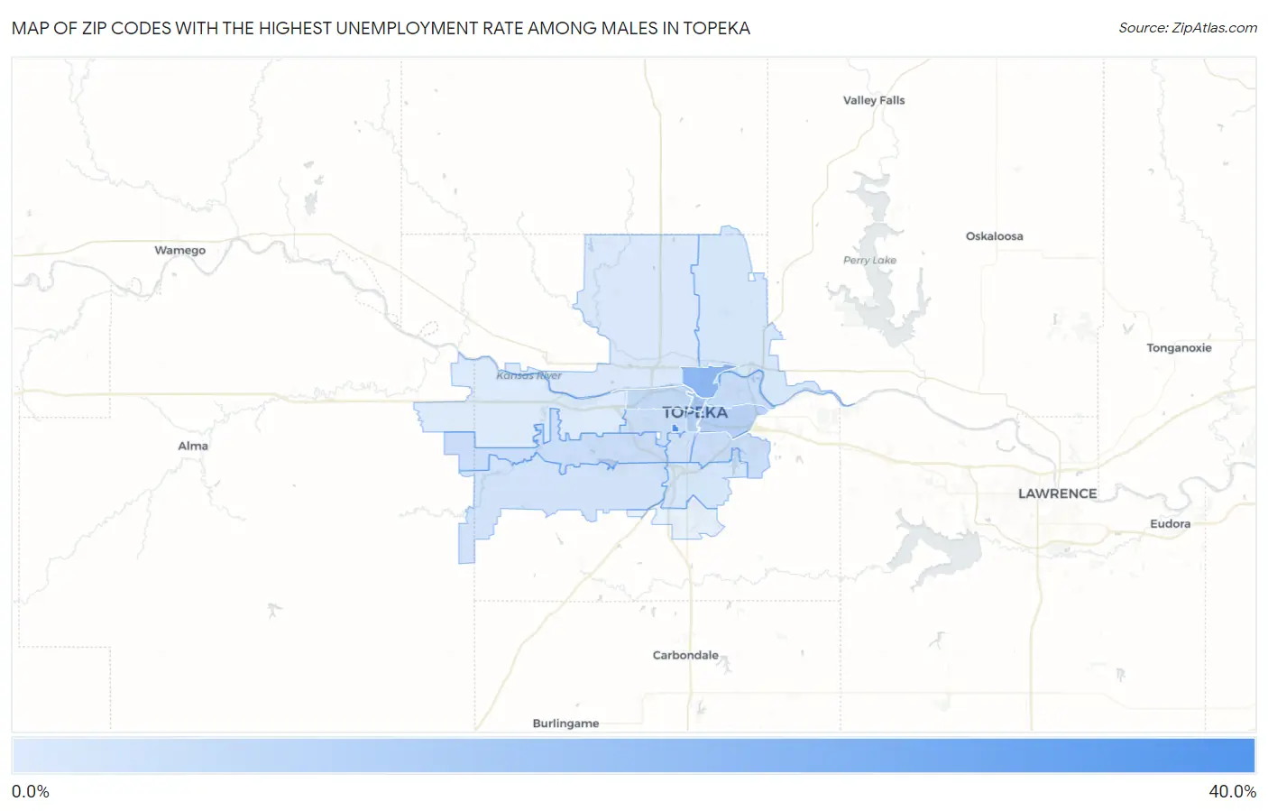 Zip Codes with the Highest Unemployment Rate Among Males in Topeka Map