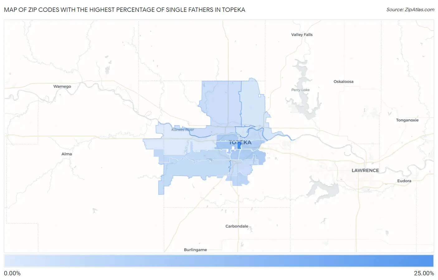 Zip Codes with the Highest Percentage of Single Fathers in Topeka Map