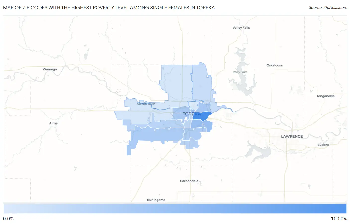 Zip Codes with the Highest Poverty Level Among Single Females in Topeka Map