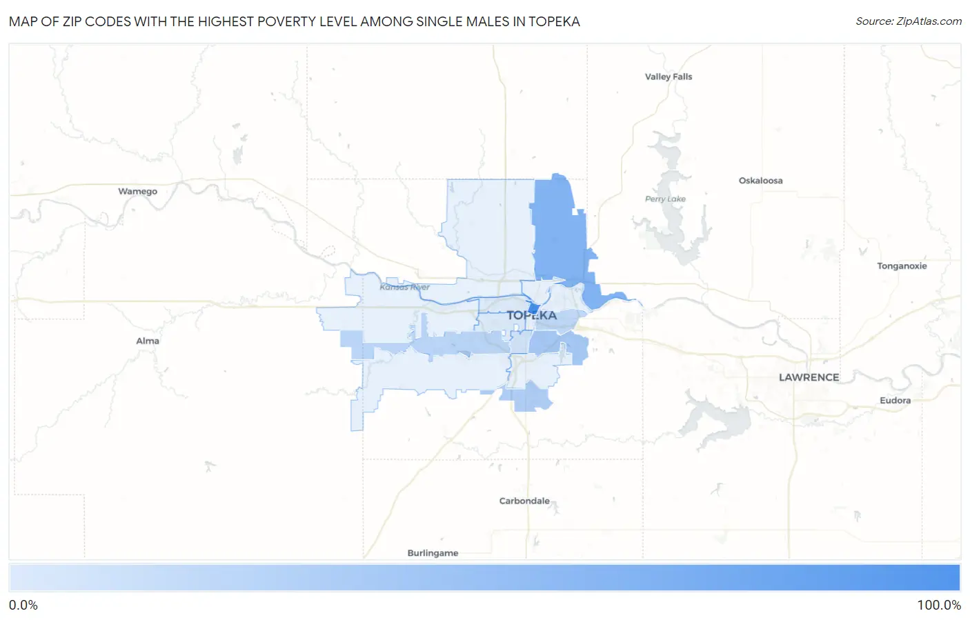 Zip Codes with the Highest Poverty Level Among Single Males in Topeka Map